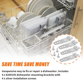 4 Pack 8269145 Dishwasher Mounting Bracket Replacement Parts with Screws Exact Fit for Kenmore Whirlpool KitchenAid Dishwasher, Replaces 8269145 WP8269145VP