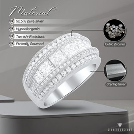 SILVERCLOSEOUT Rhodium Plated Sterling Silver Wide Square Cut Womens Cubic Zirconia Statement Ring - Size 11