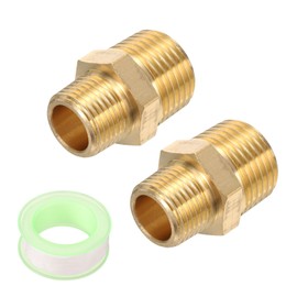 uxcell 2pcs Hex Nipple Brass Pipe Fitting, 3/8 NPT Male x 1/2 NPT Male Threaded Pipe Adapter Pipe Connector with PTFE Tape, Gold Tone