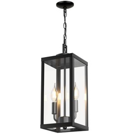 PARTPHONER Modern Outdoor Pendant Light with Dual E12 Base Socket, Matte Black Chandelier with Clear Glass Shade, Exterior Hanging Lantern for Front Porch Entrance Foyer Entryway (Bulb Included)