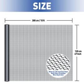 MAGZO 304 Stainless Steel Mesh Screen Roll 47in x 10ft - 22 Mesh Pet Proof Metal Window Screen Replacement, Screen Door Mesh for Patio,Porch,Pet,Cage,Vent Cover,Filter,Gutter Guard,Rodent Protection
