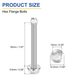 sourcing map 25Pcs M6 x 50mm Hex Serrated Flange Bolts Screws, 304 Stainless Steel Flanged Hex Head Bolts Flange Hexagon Screws for Households, Machine Tools, and DIY project, Silver