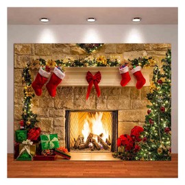 XLL, Christmas Photography Backdrops Christmas Fireplace Decoration Background for Photo Happy Holiday Party Decoration Props 8x6ft, 8x6FT(240CM X 180CM）