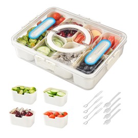 Axquet Snackle Box Container – 8-Compartment Portable Snack Box with Lid & Handle, Travel-Friendly Snack Containers for Snacks, Candy, Fruits, Nuts, Dishwasher Safe (White/Cream/Clear, 1 Pack)