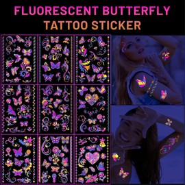 GGUFAY Set of 10 Butterfly Temporary Tattoos, Black Light Party Matching, Colourful Tattoos for Men & Women, Ideal for Club, Party, Disco and Festivities