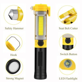 LED Emergency Flashlight Car Survival Flashlight COB Work Light with Strong Magnetic Base Window Breaker Seat Belt Cutter Telescopic Magnet Rod