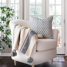 Tajik Home Rebecca Grainsack Stripe Throw Blanket – 50x60 Oat, 100% Cotton with Tassels, Vintage-Inspired Farmhouse Layer for Sofa, Couch or Bed – Machine Washable