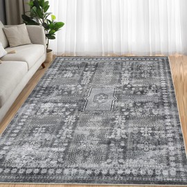 GarveeHome Machine Washable Rug 8'x10' - Vintage Design Area Rugs with Non Slip Rugs for Living Room Bedroom Floral Print Rug Carpet Stain Resistant, Home Decor Office Area Rug, Grey