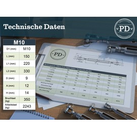 PD® Turnbuckle M10 Stainless Steel A4 (Fork Fork) | Turnbuckle Rustproof | Rope Tensioner with Tension Screw | Tensioning Hook for Awning Attachment, Washing Line & More | Wire Rope Tensioner | Pack
