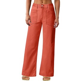Flamingals Wide Straight Leg Mid Rise Baggy Pocket Denim Jeans Without Belt Coral Red L