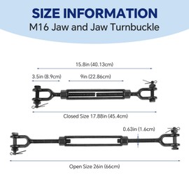 2Pack Heavy Duty Turnbuckle 5/8" *17.88Inch,3500 lbs Working Load Limit, Weather Resistant, Black Steel Jaw and Jaw Turnbuckle for Tractor, Wire Rope Tension, Sun Shade Tent, Treehouse, Deck