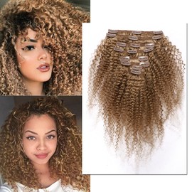 Silk-co Clip-In Real Hair Extensions, Kinky Curly Afro Double Wefts Hair Extension for Complete Hair Extensions, 8 Pieces, 18 Clips, 7A Real Human Hair, 40 cm - 115 g, #27 Dark Blonde