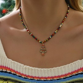 IMINI Cute Snowman Santa Claus ELK Pendant Necklace for Women Girls Charm Christmas Tree Bow Wreath Cookie Man Pendant Chocker Adjustable Beaded Chain Necklace Fashion Xmas Jewelry Gifts (Xmas Tree)