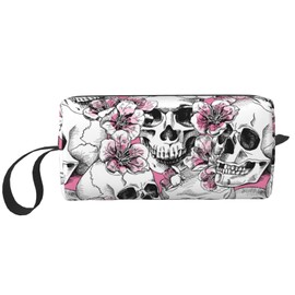 JKJOJIA Skull Flower Pink Makeup Bag Organizer Small Cosmetic Bags Portable Travel Toiletry Bag With Handle Simple Accessories Storage Zipper Pouch For Women Girl