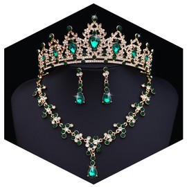 Feltent Green Tiaras and Crowns Jewelry Set for Women Tiaras Earrings and Necklace for Wedding Rhinestone Crystal Bridal Jewelry Sets for Costume Birthday Party Prom Gifts