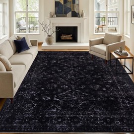 8x10 Large Area Rugs for Living Room, Neutral Machine Washable Rug, Black