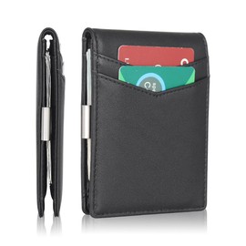 AZZS Minimalist Wallet for Men and Women - RFID Blocking Genuine Leather Slim Wallet with 12 Credit Card Slots, Money clip (Matte Black)