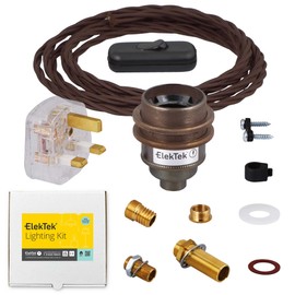 ElekTek Premium Lamp Kit Antique Brass Shade Ring E27 Lamp Holder with Twisted Brown Flex, In Line Switch and 3A UK Plug