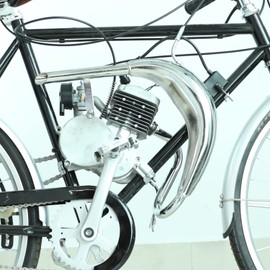 YOXUFA Upgrade Chrome Exhaust Pipe Muffler Expansion Chamber Gasket Chain Tensioner Adjuster Kit for 49cc 50cc 66cc 80cc 100cc 2-Stroke YD100 PK80 Motorized Bike Bicycle Gas Motor Engine Parts Silver