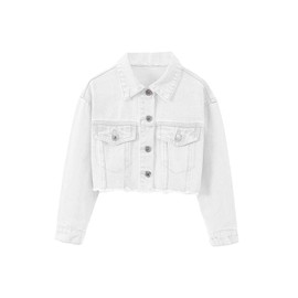 Verdusa Girl's Raw Hem Long Sleeve Single Breasted Crop Denim Jacket Outerwear White 10Y