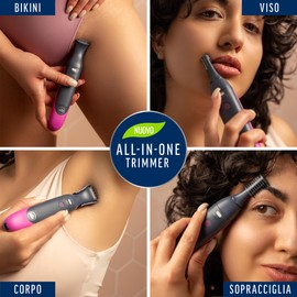 Veet Expert All-In-One Trimmer, Rasoio elettrico donna, Viso e parti intime, 100% waterproof, 2 testine e 3 pettini, Rasatura ad alta precisione, Cordless + Pochette Regalo