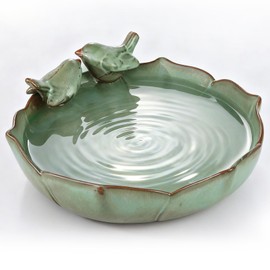 Ceramic Bird Bath Bowl for Outside – 9.8" Green Heavy Duty Garden Birdbath Basin, Ground or Tabletop Water Dish & Feeder for Birds, Bees, and Butterflies, Durable Weather-Resistant Outdoor Decor