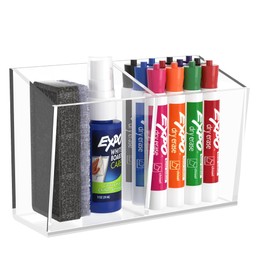 HBlife Clear Acrylic Magnetic Dry Erase Marker Holder, 2 Compartments Whiteboard Marker Holder Pen Pencil Holder Storage Organizer Cup for Fridge, Whiteboard, Locker (1 Pack, 2 Installation Methods)
