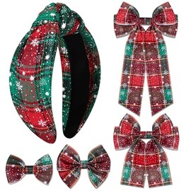 vokone Christmas Headband Hair Bows for Women Red Plaid Snowflake Headband Satin Bow Hair Clip Christmas Hair Accessories Snowflake Plaid