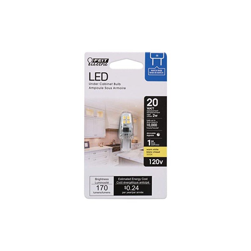 Feit BP20G8/830/LED 170 Lumen 3000K Dimmable LED G8, 120 Volts