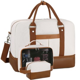 BOVIP Weekender Bags for Women Overnight Bag Large Canvas Travel Duffel Bag with Shoe Compartment Carry On Tote Bag 3Pcs Set Beige