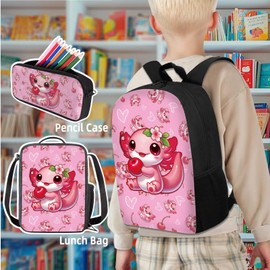 ASQVTIFE Cute Axolotl School Backpack with Lunch Bag Pencil Bag Set for Little Girls,4 in 1 Animal Children Bookbag for Girls 6-10 Years Old Primary Middle Student Large Capacity Hiking Daypack