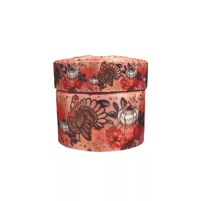 3" Wide Beautiful Pink Thanksgiving Turkey and Pumpkins Printed Grosgrain