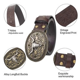 Western Cowboy-Belts for Women Men Big-Buckle Longhorn-Bull PU-Leather Rodeo Cowgirl-Belt Engraved Floral Brown for Jean - Waist 34-38"