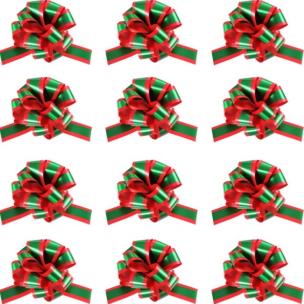 Gejoy 12 Pieces 5 inch Pull Bows Gift Christmas Red Green Pull Bow with Tails Gift Ribbon Strings for Gift Tie Wrap