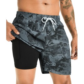 APTRO Men's Swimming Trunks Swim Shorts Board Shorts Short Quick-Drying Board Shorts 2 in 1 Beach Shorts with Inner Shorts, Grey Camouflage Mk323