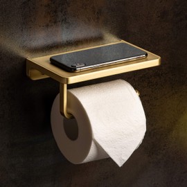 Linkaa Toilet Paper Holder with Shelf Brushed Gold, Wall Mount Phone Holder Bathroom Accessories, Gold Bathroom Accessories Toilet Paper Holder with Phone Storage(Brushed Brass)