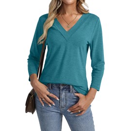 TICTICMISS Women's 3/4 Sleeve Shirts V Neck Summer Tops Casual Basic Tees Blouse Loose Fit Tunics Tops Turquoise