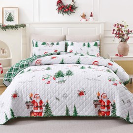 Yinhua 3 Piece Christmas King Quilt Set, Santa Claus Snowman Reversible Quilt Set King Size with 2 Pillow Shams, Elk Xmas Tree Lightweight Bedspread Coverlet for Winter Christmas Decor, 106'' x 96''