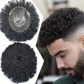 Afro Toupee For Black Men Afro Wavy Kinky Curly African American Men Human HairPieces Replacement SystemsThin Skin Male Prothesis Wig Black Hair Units (1B# OFF BLACK-8MM)
