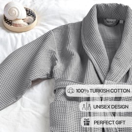 SALBAKOS Home1961 Collection Unisex Waffle Bathrobe – Lightweight 100% Cotton Spa Robe – Gray -XXL