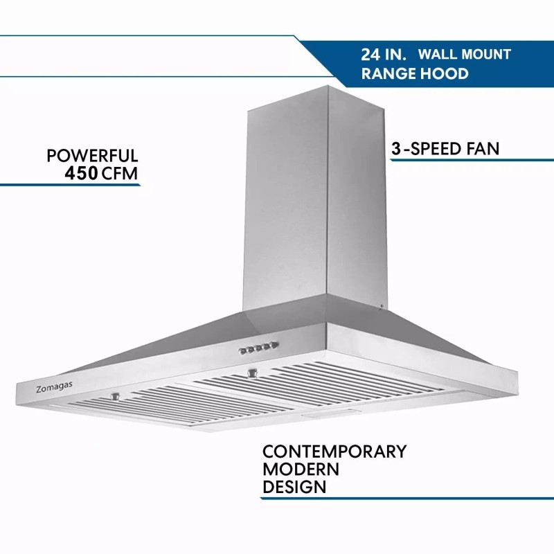 Zomagas 24" Kitchen Wall Mount Range Hood 450CFM Stainless Steel