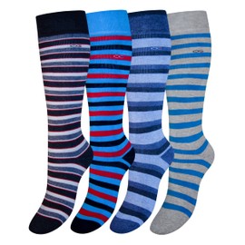 OCERA Children's Thermal Knee Socks, 4 Pairs of Winter Socks for Girls and Boys, with Inner Terry Cloth and Breathable Cotton Wool, for Skiing, Snowboarding and Hiking, 4 x striped blue tones