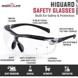 BISON LIFE Higuard Anti-fog Safety Glasses w/Anti-Slip Adjustable Temple, Anti-scratch & UV 400 Eye Protection Goggles (12)