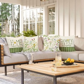 Bonhause Spring Floral Cushion Covers 45 x 45 cm Garden Flowers Leaves Green Stripes Decorative Throw Pillow Covers for Sofa Bed Home Garden Patio Outdoor Decor Set of 4