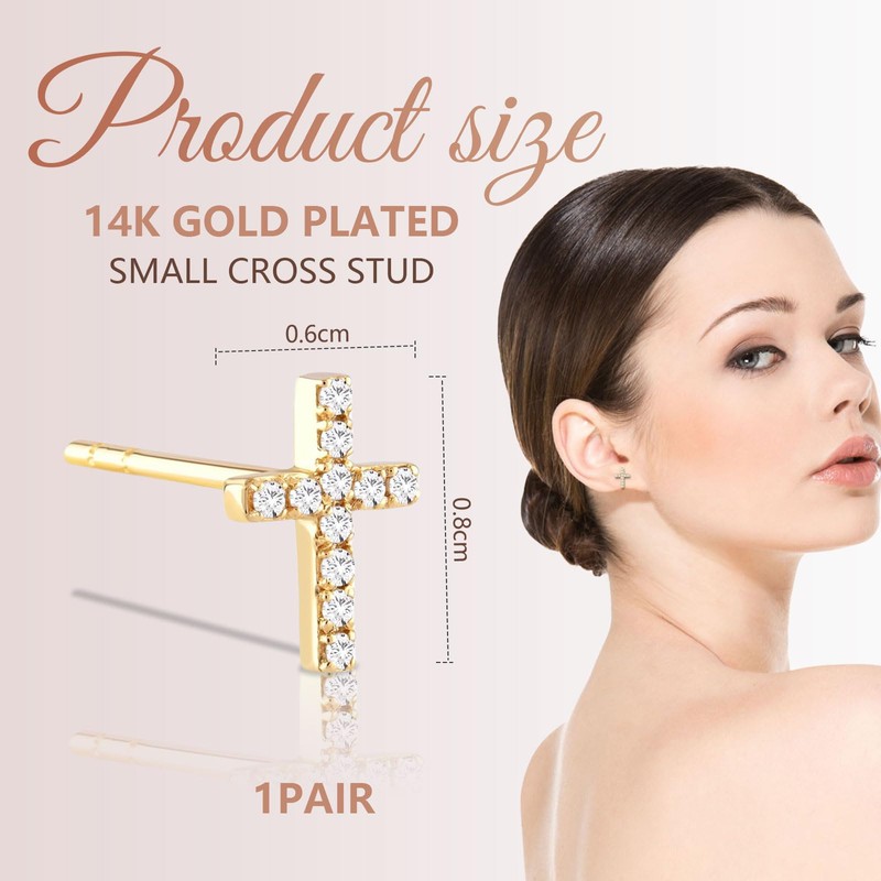 GlamRays 14K Gold Plated Small Cross Stud Earrings, Hypoallergenic Pave