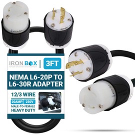IronBox Electric - NEMA L6-20P to L6-30R Adapter - Rated for 20A, 250V - 12/3 Wire - Power Cable for Transfer Switches, Data Centers, High-Powered Equipment - Ideal for Indoor/Outdoor Use (3 Feet)