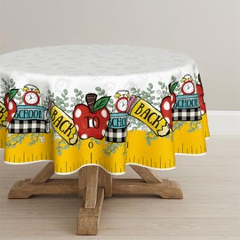 Horaldaily Back to School Tablecloth 70x70 Inch Round, Stationery Books Apple Washable Seasonal Table Cover for Party Picnic Dinner Decor