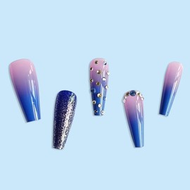 BABALAL Coffin Press on Nails Long Fake Nails with Nail Glue Blue Purple Glue on Nails 24Pcs Glitter Acrylic Nails Ballerina Stick on Nails