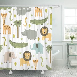 Emvency Shower Curtain Safari Animals with Cute Hippo Crocodile Lion Elephant and Giraffe in Childish Style Waterproof Polyester Fabric 72 x 72 inches Set with Hooks