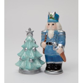 Fine Ceramic Christmas Winter Wonderland Nutcracker with Christmas Tree Salt & Pepper Shakers Set, 4-1/2" H